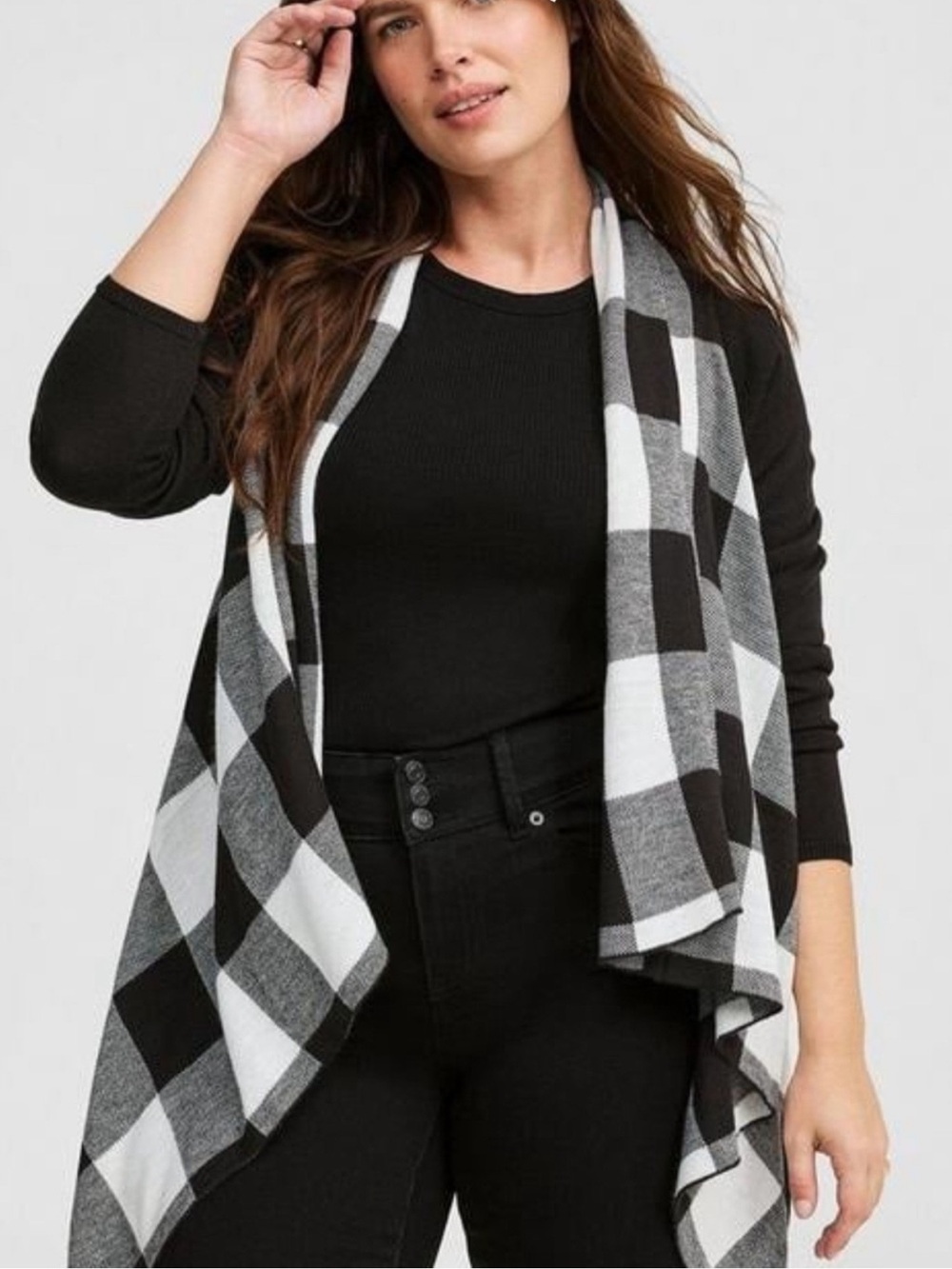 torrid Black Open-Front Cardigan with Gray and White Buffalo Check Draped Hem